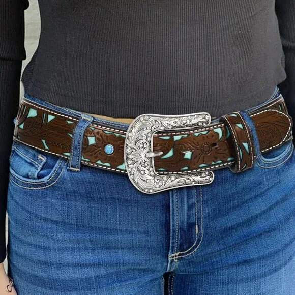 Adjustable-Vintage-Western-Cowboy-Belt Women Men - Cowboy-Style Engraved-Buckle - Picture 4 of 11